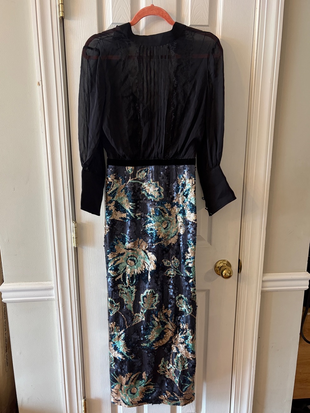 Black Sheer Blouse Midi Dress with Sequined Floral Skirt